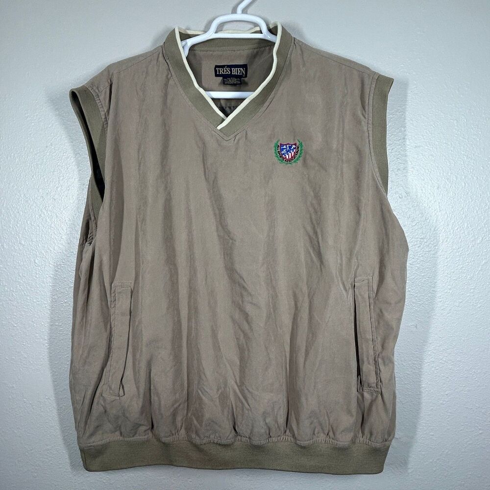 Tres Bien Vest Men 2XL Tan Pullover V-Neck Embroidered Sports Crest Welt Pockets
